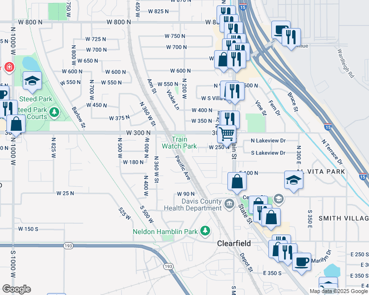 map of restaurants, bars, coffee shops, grocery stores, and more near 200 West 250 North in Clearfield
