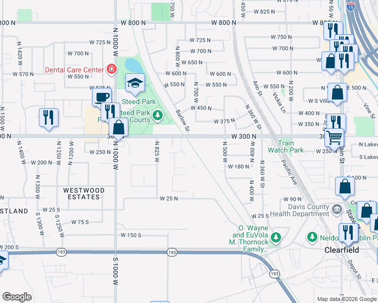 map of restaurants, bars, coffee shops, grocery stores, and more near Denver and Rio Grande Western Rail Trail in Clearfield