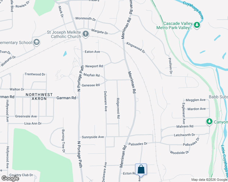 map of restaurants, bars, coffee shops, grocery stores, and more near 737 Ridgecrest Road in Akron