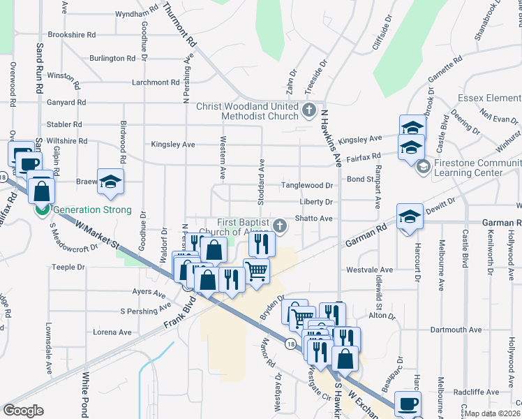 map of restaurants, bars, coffee shops, grocery stores, and more near 1720 Shatto Avenue in Akron