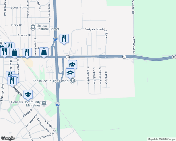 map of restaurants, bars, coffee shops, grocery stores, and more near 250 South Longwood Drive in Kankakee