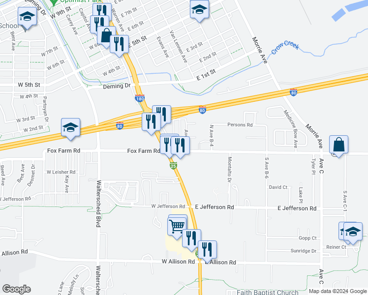 map of restaurants, bars, coffee shops, grocery stores, and more near 103 East Fox Farm Road in Cheyenne