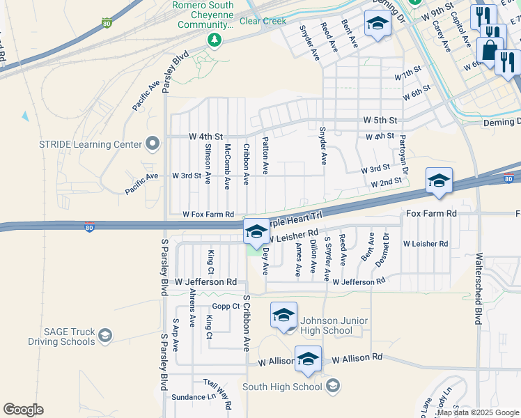 map of restaurants, bars, coffee shops, grocery stores, and more near Interstate 80 in Cheyenne