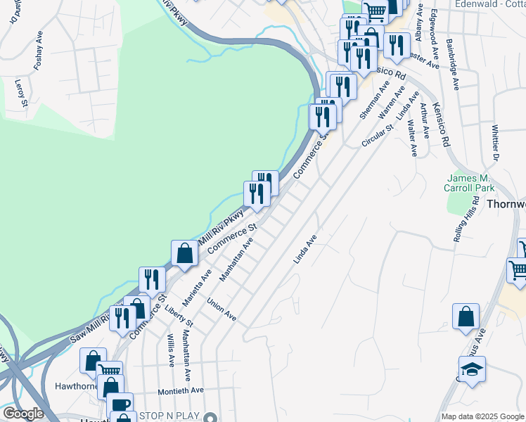 map of restaurants, bars, coffee shops, grocery stores, and more near 660 Commerce Street in Thornwood