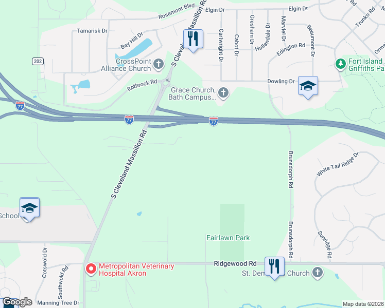 map of restaurants, bars, coffee shops, grocery stores, and more near 148 Flight Memorial Parkway in Akron