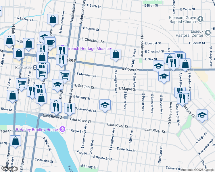 map of restaurants, bars, coffee shops, grocery stores, and more near 309 South Wildwood Avenue in Kankakee