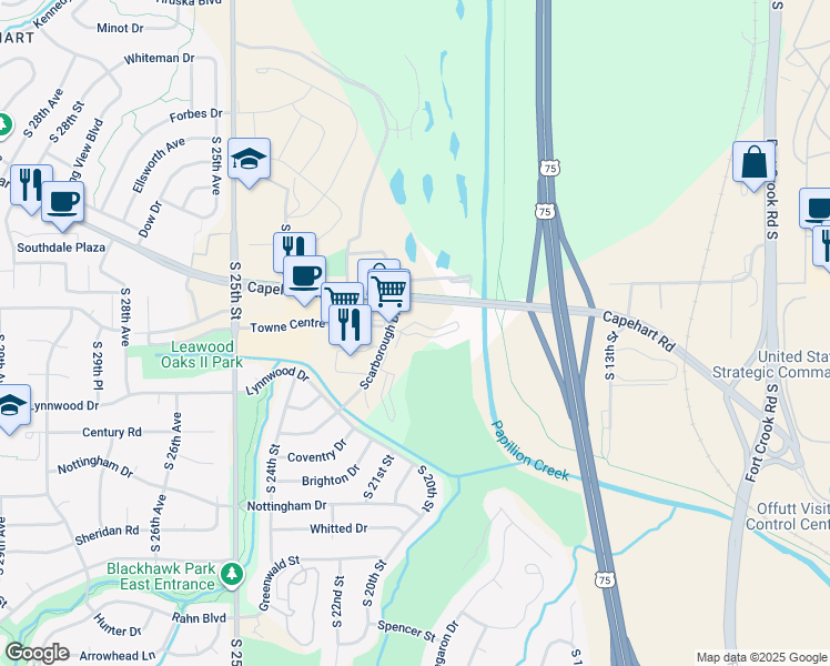 map of restaurants, bars, coffee shops, grocery stores, and more near 1729 Scarborough Drive in Bellevue
