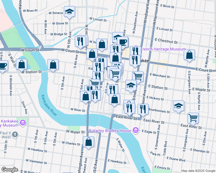 map of restaurants, bars, coffee shops, grocery stores, and more near 110-20 East Hickory Street in Kankakee