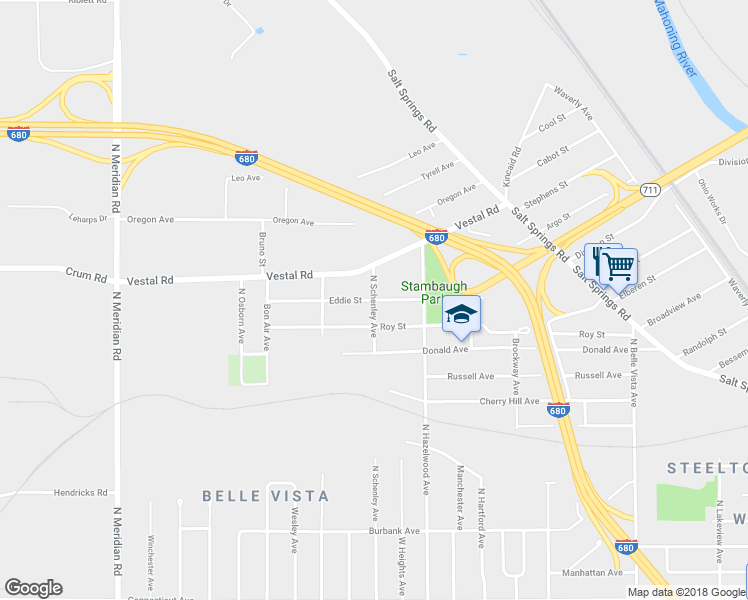 map of restaurants, bars, coffee shops, grocery stores, and more near 1600 North Schenley Avenue in Youngstown