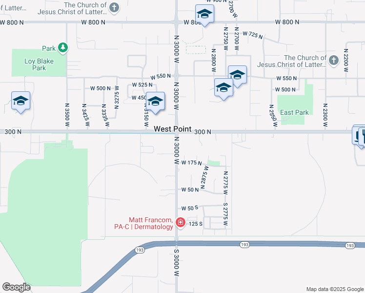 map of restaurants, bars, coffee shops, grocery stores, and more near 198 North 2975 West in West Point