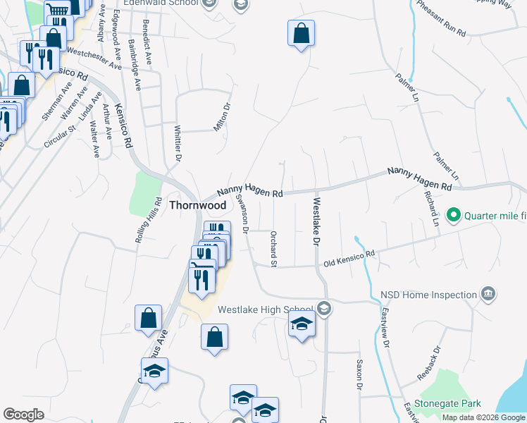 map of restaurants, bars, coffee shops, grocery stores, and more near 3 Cottage Grove Avenue in Thornwood
