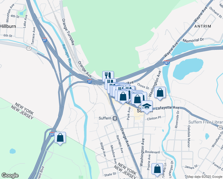 map of restaurants, bars, coffee shops, grocery stores, and more near 96 Orange Avenue in Suffern