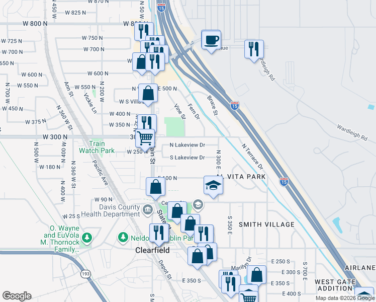 map of restaurants, bars, coffee shops, grocery stores, and more near 162 South Lakeview Drive in Clearfield