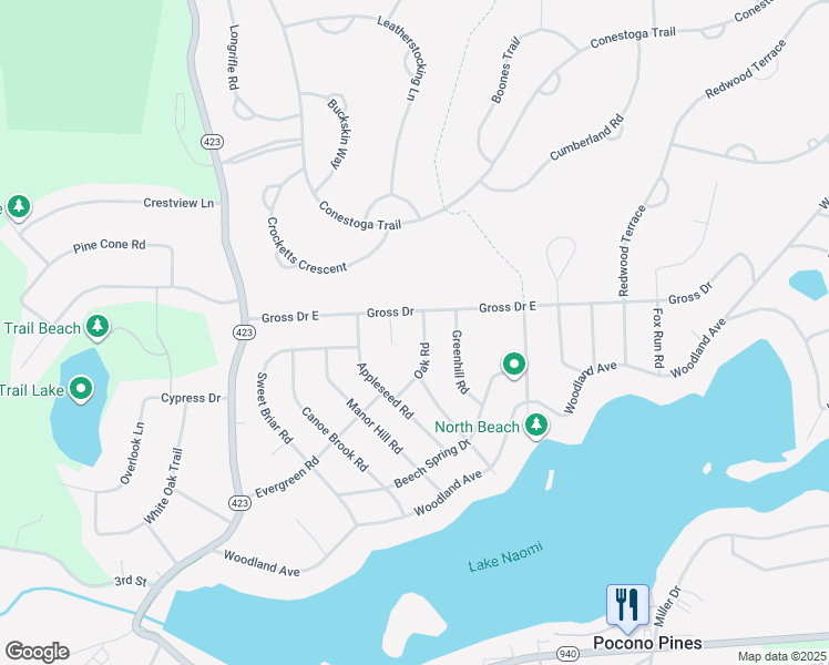 map of restaurants, bars, coffee shops, grocery stores, and more near Oak Road in Pocono Pines