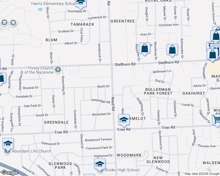 map of restaurants, bars, coffee shops, grocery stores, and more near 4118 Barton Lane in Fort Wayne
