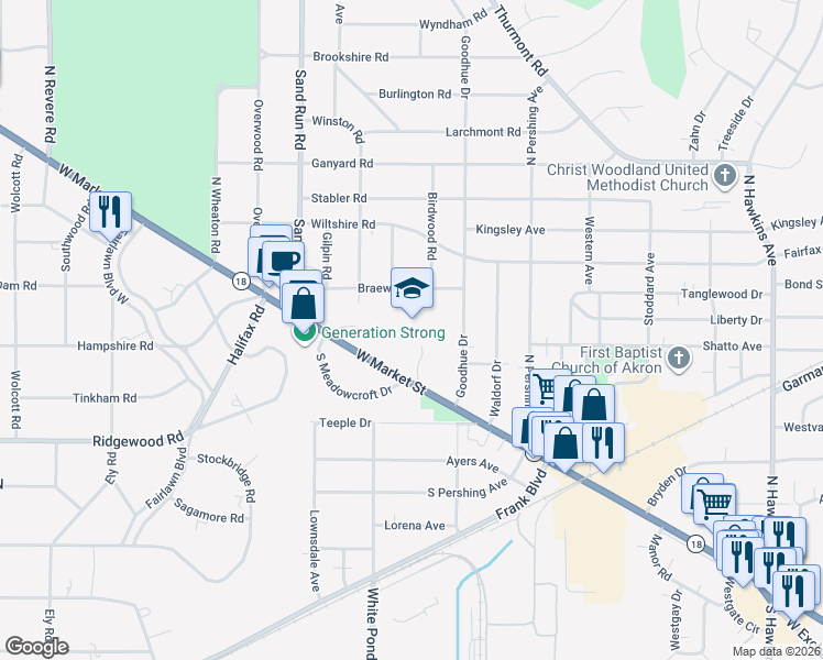 map of restaurants, bars, coffee shops, grocery stores, and more near 65 North Meadowcroft Drive in Akron