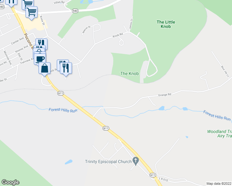 map of restaurants, bars, coffee shops, grocery stores, and more near 173 Grange Road in Mount Pocono