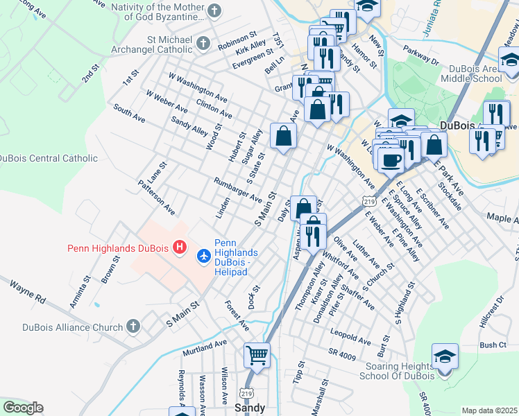 map of restaurants, bars, coffee shops, grocery stores, and more near 416 South Main Street in DuBois
