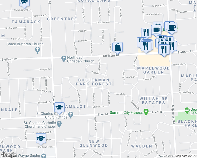 map of restaurants, bars, coffee shops, grocery stores, and more near 5317 Hewitt Lane in Fort Wayne