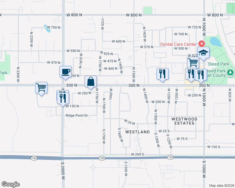 map of restaurants, bars, coffee shops, grocery stores, and more near 254 North 1600 West in West Point