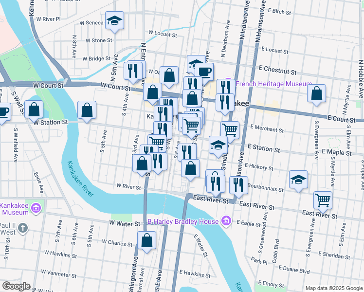 map of restaurants, bars, coffee shops, grocery stores, and more near 110-20 East Hickory Street in Kankakee