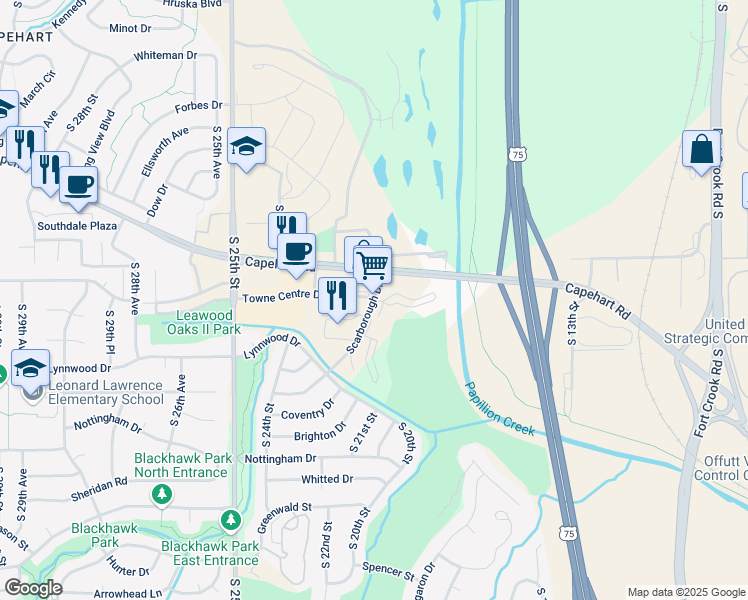 map of restaurants, bars, coffee shops, grocery stores, and more near 1723 Scarborough Drive in Bellevue