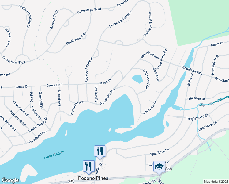 map of restaurants, bars, coffee shops, grocery stores, and more near Woodland Avenue in Pocono Pines