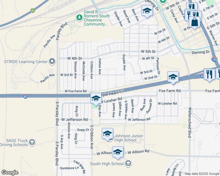 map of restaurants, bars, coffee shops, grocery stores, and more near 1260 West Leisher Road in Cheyenne