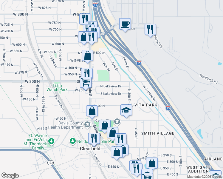 map of restaurants, bars, coffee shops, grocery stores, and more near 162 South Lakeview Drive in Clearfield