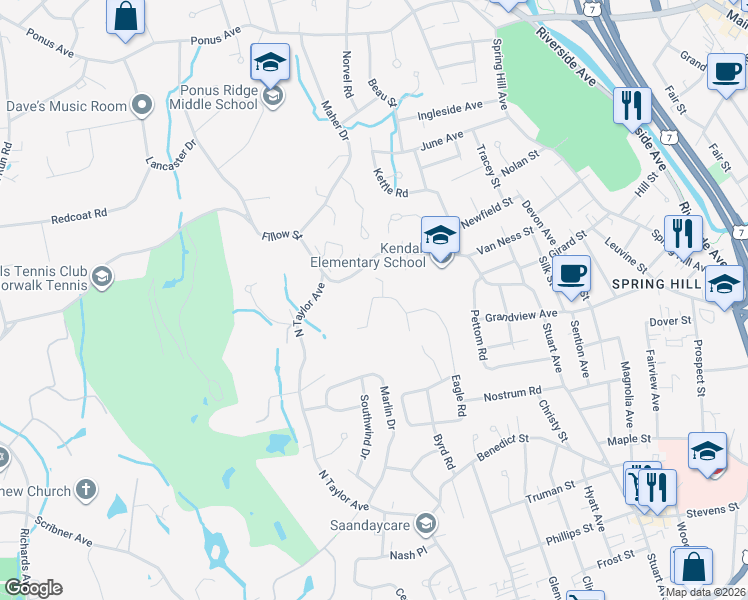 map of restaurants, bars, coffee shops, grocery stores, and more near 7 Rockmeadow Road in Norwalk