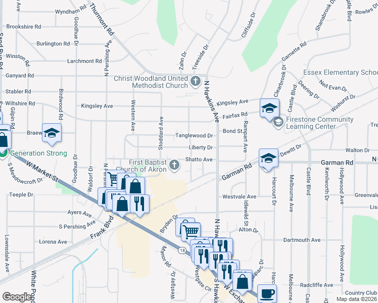 map of restaurants, bars, coffee shops, grocery stores, and more near 221 Kenwood Avenue in Akron
