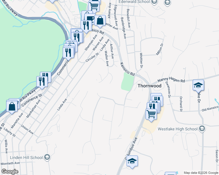 map of restaurants, bars, coffee shops, grocery stores, and more near 68 Rolling Hills Road in Thornwood