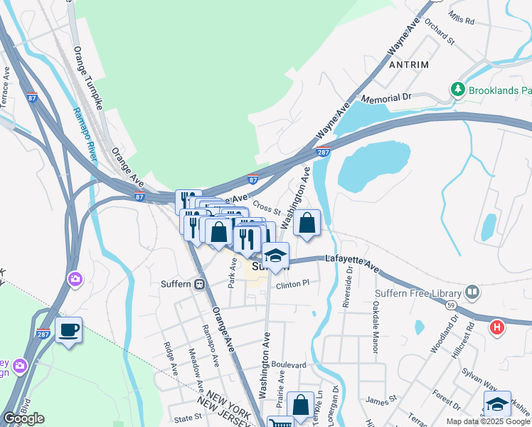 map of restaurants, bars, coffee shops, grocery stores, and more near 3 Cross Street in Suffern