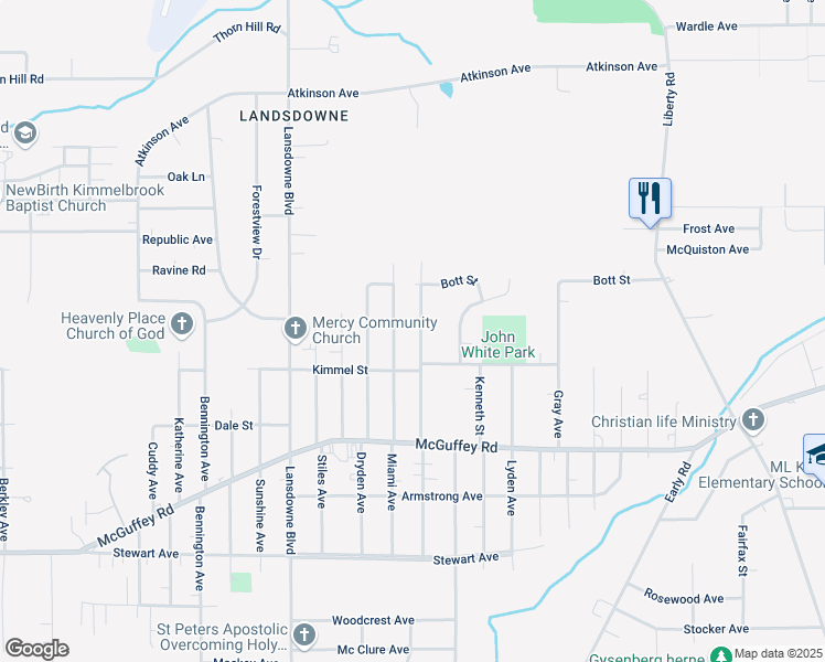 map of restaurants, bars, coffee shops, grocery stores, and more near 1316 Scioto Street in Youngstown