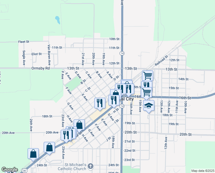 map of restaurants, bars, coffee shops, grocery stores, and more near 304 D Street in Central City