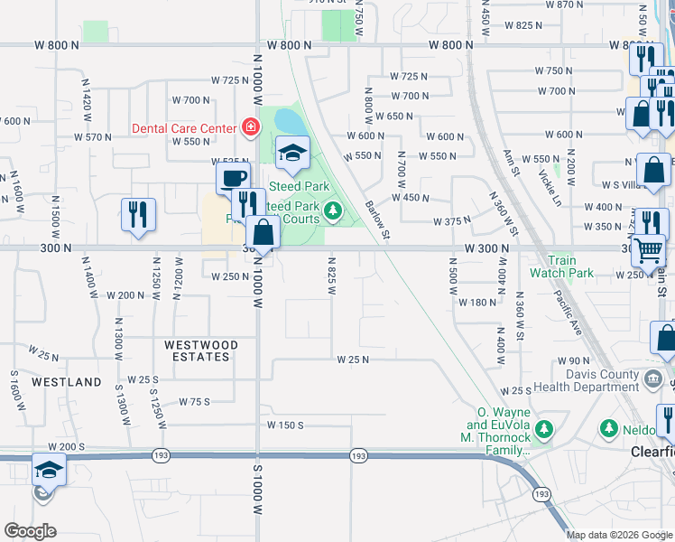 map of restaurants, bars, coffee shops, grocery stores, and more near 274 North 825 West in Clearfield