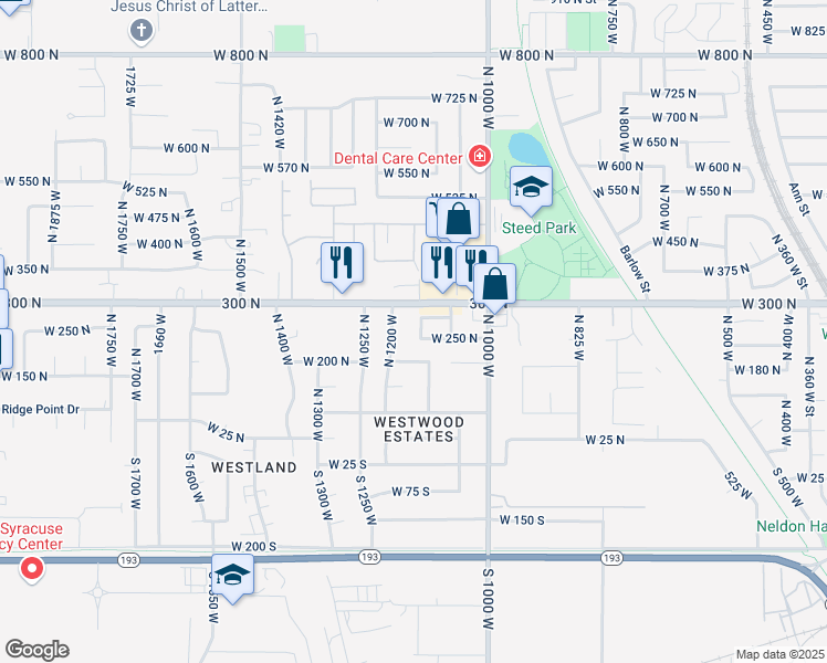 map of restaurants, bars, coffee shops, grocery stores, and more near 257 North 1125 West in Clearfield