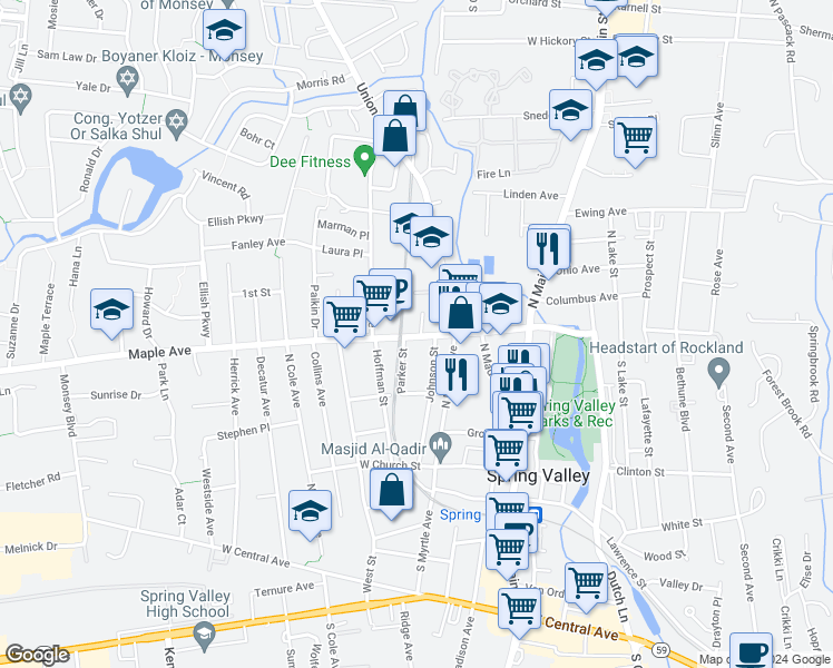 map of restaurants, bars, coffee shops, grocery stores, and more near 120 Maple Avenue in Spring Valley