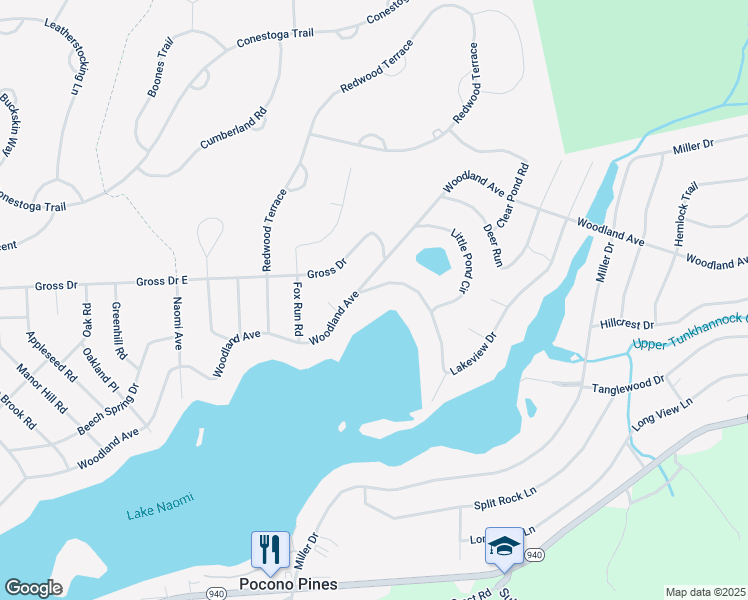 map of restaurants, bars, coffee shops, grocery stores, and more near 6108 Lakeview Drive in Pocono Pines