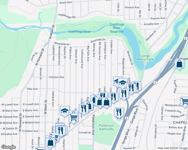 map of restaurants, bars, coffee shops, grocery stores, and more near 1192 Murray Avenue in Akron