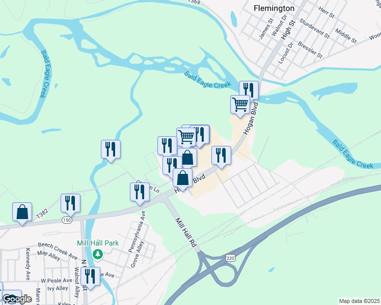 map of restaurants, bars, coffee shops, grocery stores, and more near 1 Millbrook Plaza Lane in Mill Hall