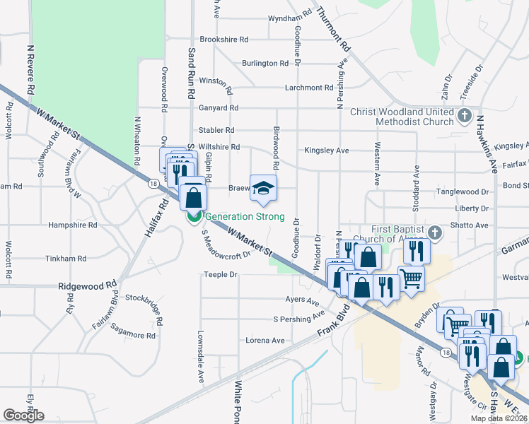 map of restaurants, bars, coffee shops, grocery stores, and more near 65 North Meadowcroft Drive in Akron