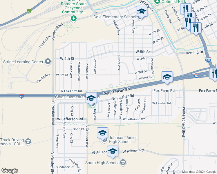 map of restaurants, bars, coffee shops, grocery stores, and more near 241 Abby Road in Cheyenne