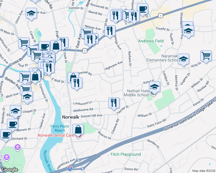 map of restaurants, bars, coffee shops, grocery stores, and more near 35 Bettswood Road in Norwalk