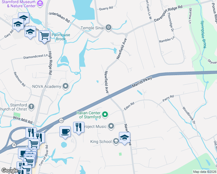 map of restaurants, bars, coffee shops, grocery stores, and more near 1708 Newfield Avenue in Stamford