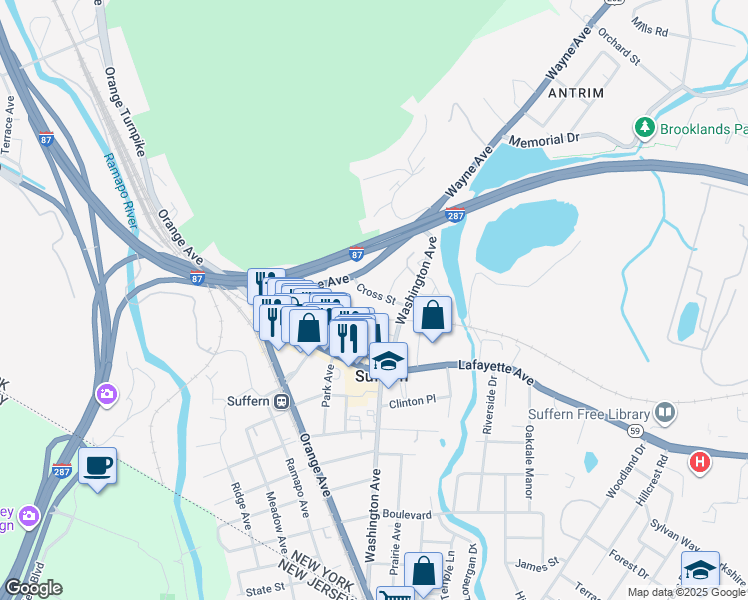 map of restaurants, bars, coffee shops, grocery stores, and more near 1 Pleasant Avenue in Suffern