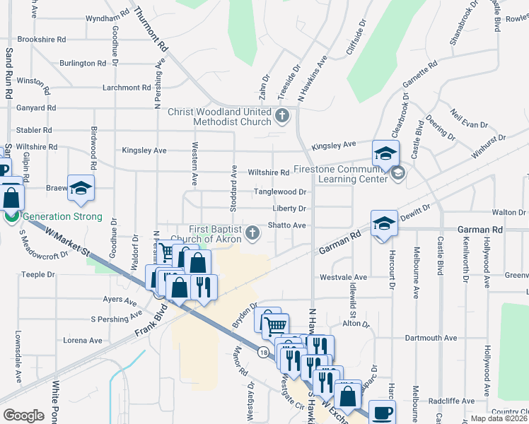map of restaurants, bars, coffee shops, grocery stores, and more near 1676 Tanglewood Drive in Akron