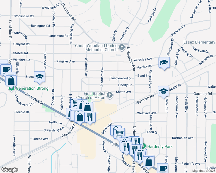 map of restaurants, bars, coffee shops, grocery stores, and more near 1720 Tanglewood Drive in Akron