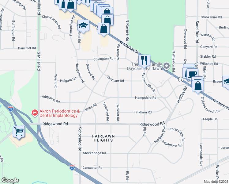 map of restaurants, bars, coffee shops, grocery stores, and more near 2318 Chatham Road in Akron