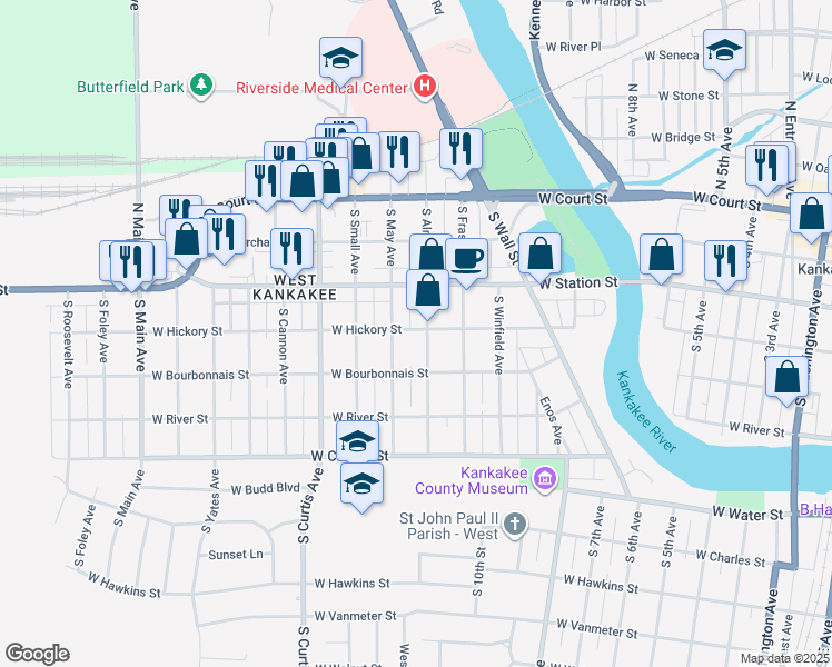 map of restaurants, bars, coffee shops, grocery stores, and more near 353 South Alma Avenue in Kankakee